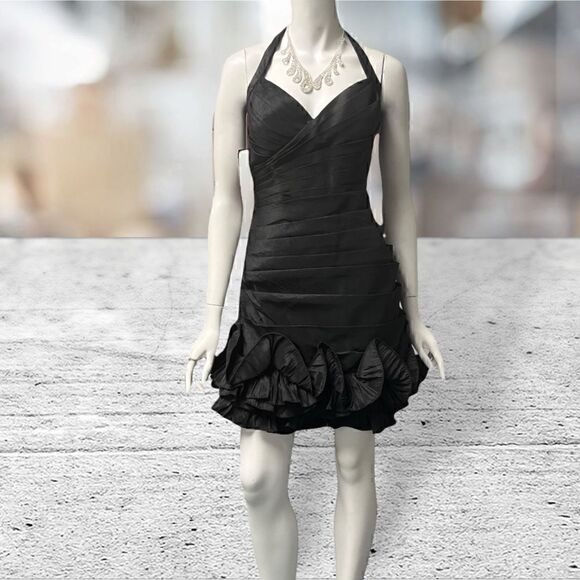 JS Collections Black Halter Neck Ruffle Bottom Mini Dress - Picture 2 of 6